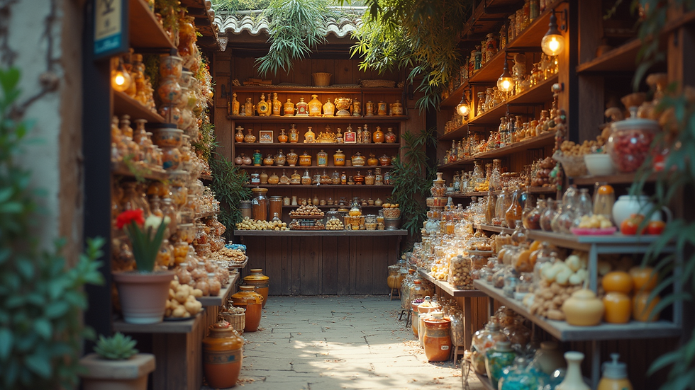 Eye-level view of a cozy local shop with colorful displays