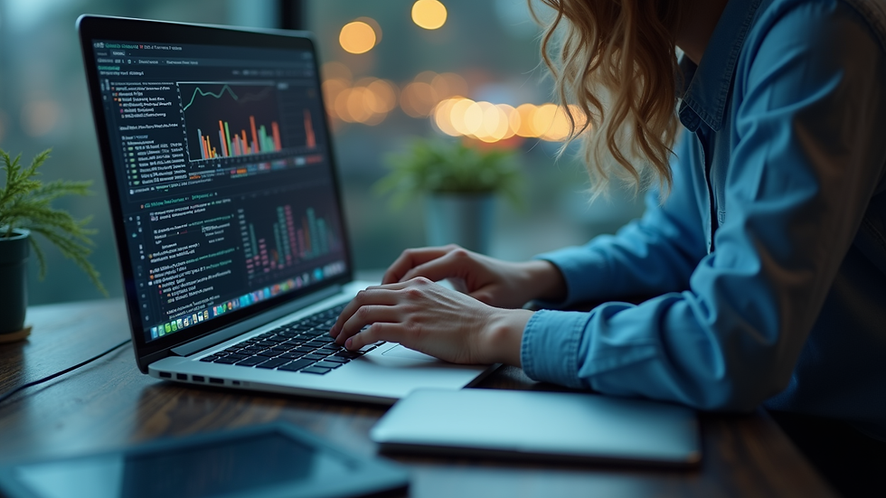 Eye-level view of a person analyzing data on a laptop