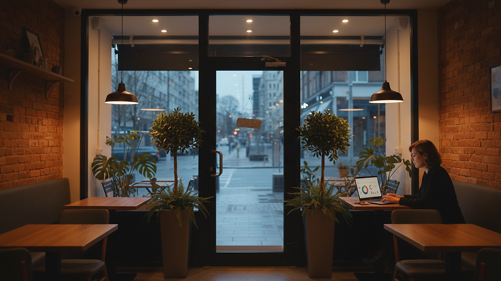 Eye-level view of a small business owner analyzing sales data on a laptop