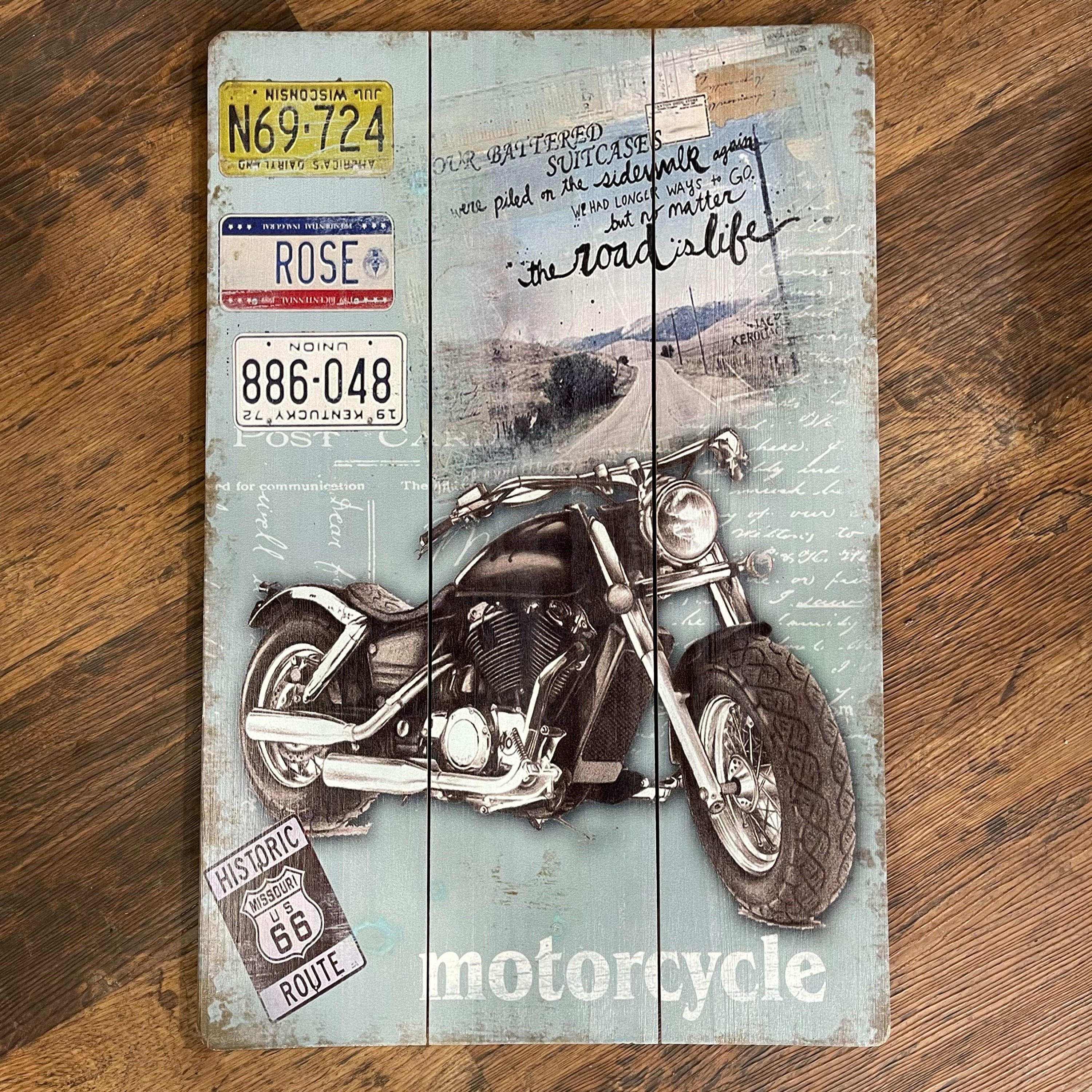 ルート66サインとバイクの木製サインボード