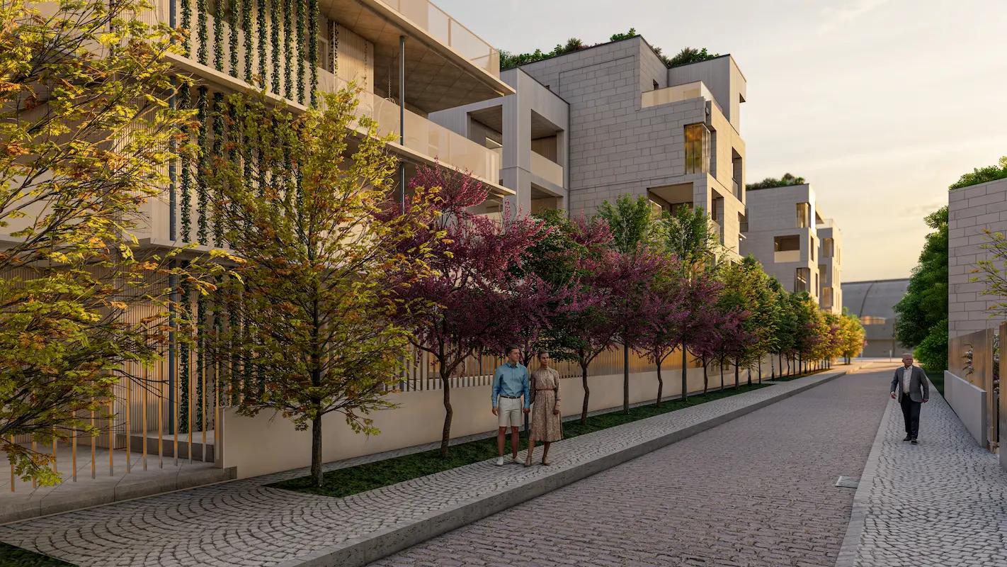 Voie arborée de la Résidence Les Promenades d'Olène quand la nuit tombe 