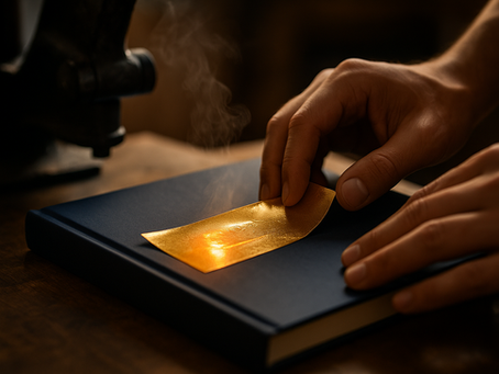 Mãos aplicando folha dourada sobre uma capa dura azul durante o processo de douração em uma gráfica artesanal, sob luz quente e suave.