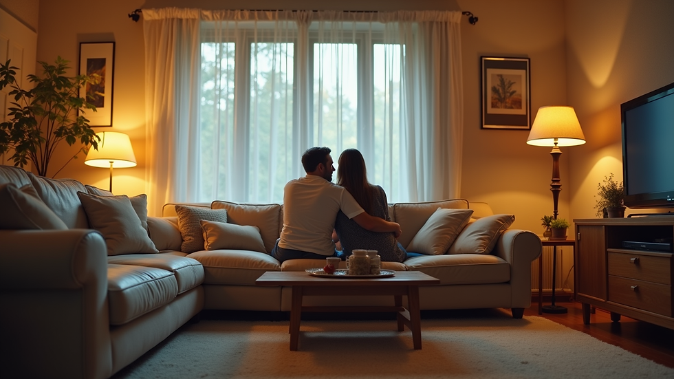 Eye-level view of a cozy living room with a couple sitting on a couch