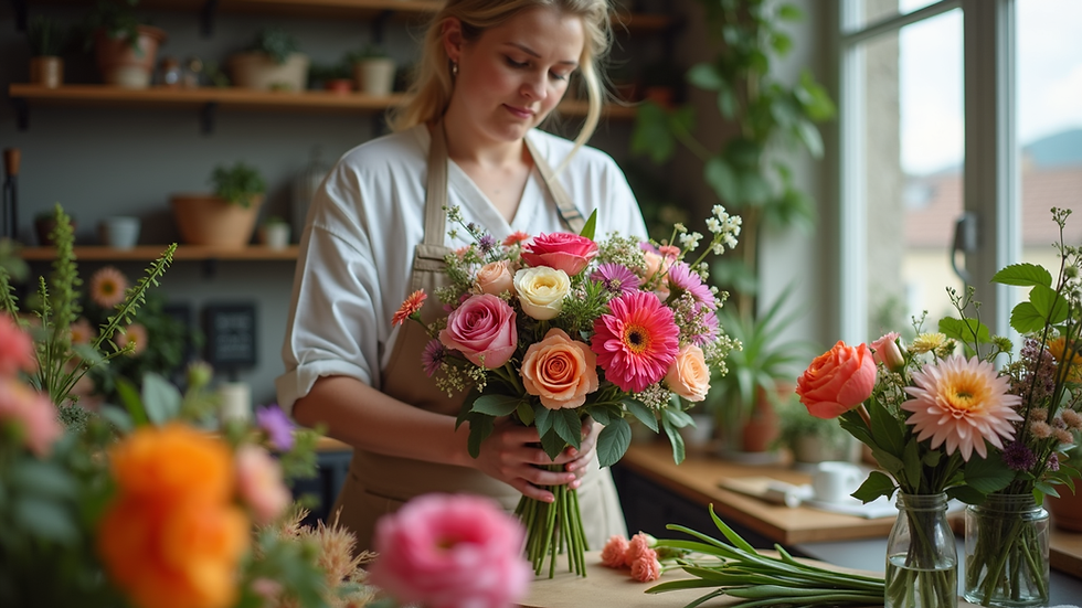 eye-level view of a florist arranging a colorful bouquet