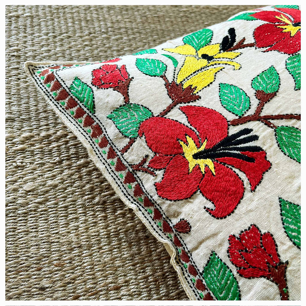 Thumbnail: Hibiscus Beige Kantha Stitch Cushion Cover