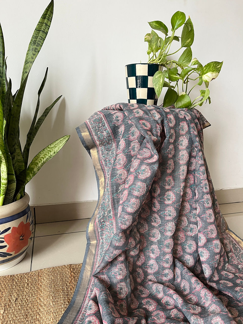 Thumbnail: Grey Floral Block Print Kota Saree