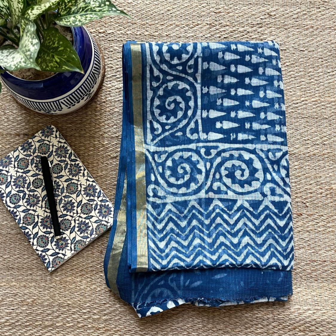Indigo Kota Cotton Saree with Temple Motifs