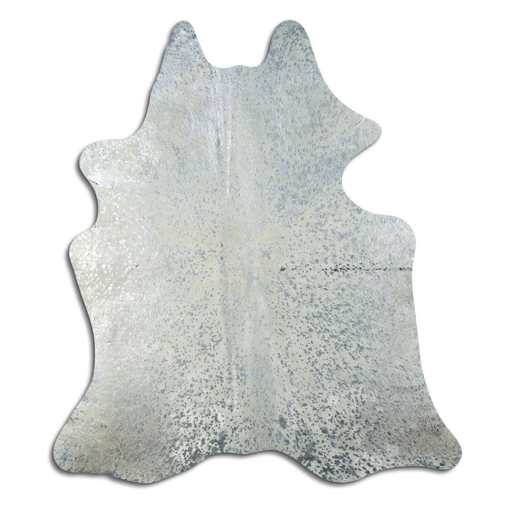 Cowhide Rug Silver Metallic on White Medium