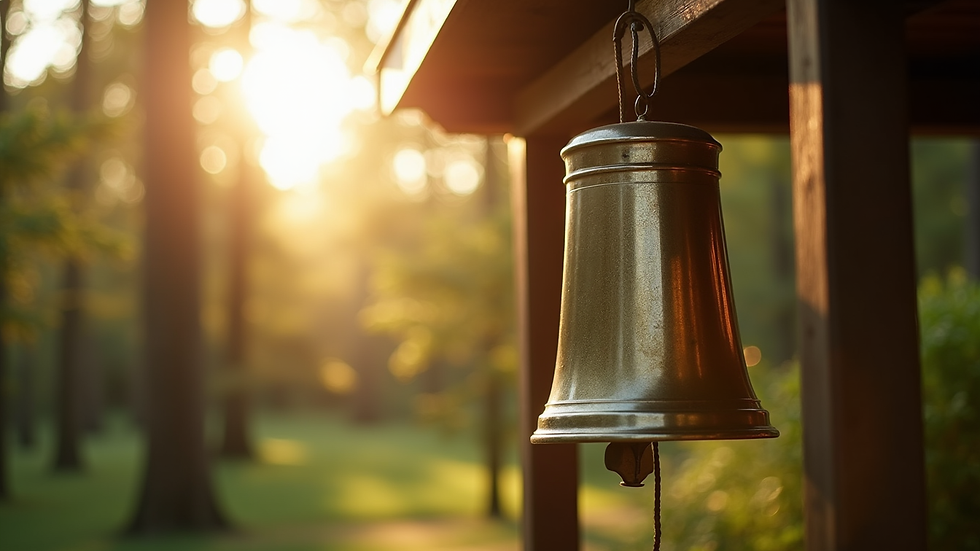 Close-up view of Fox-Brae chimes with sunlight filtering through trees