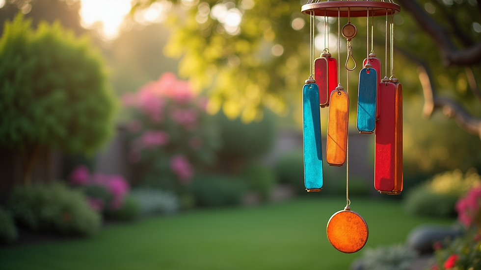 High angle view of colorful artistic wind chimes hanging in a garden