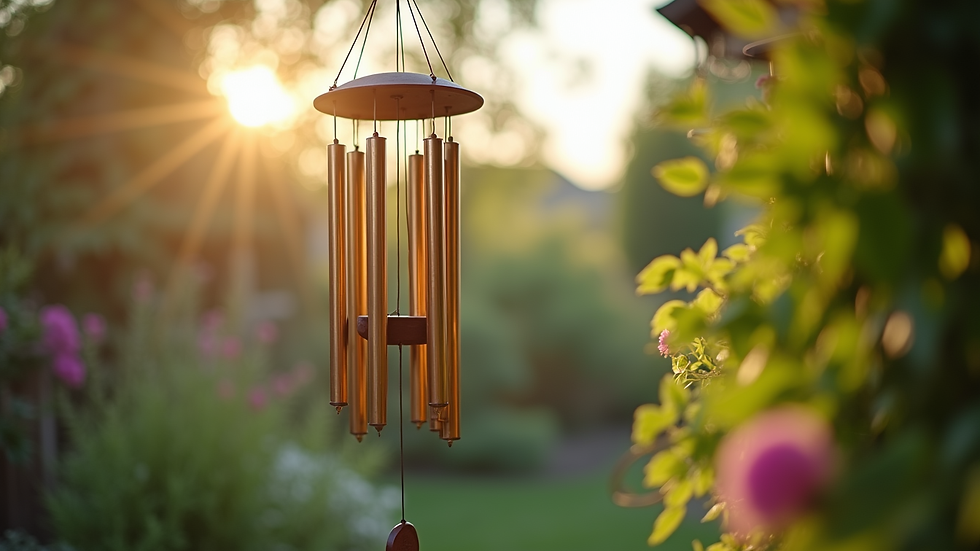 Eye-level view of handcrafted wind chimes hanging in a garden