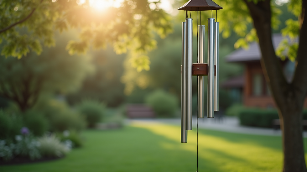 Close-up view of elegant aluminum wind chimes hanging in a garden