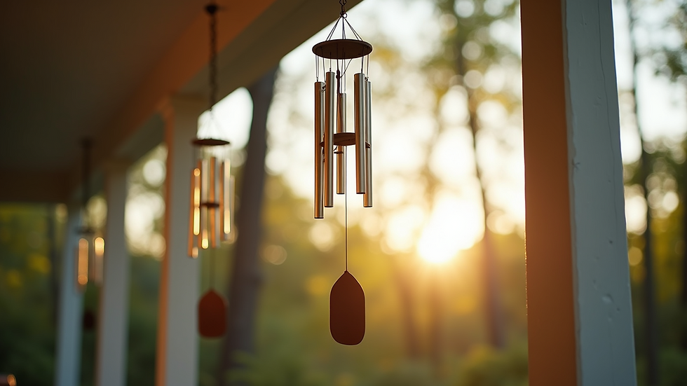 Eye-level view of wind chimes hanging on a porch with sunlight filtering through trees
