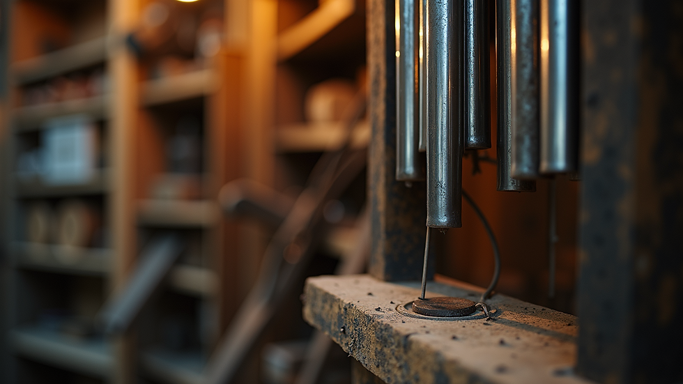 Eye-level view of artisan tuning metal tubes for wind chimes