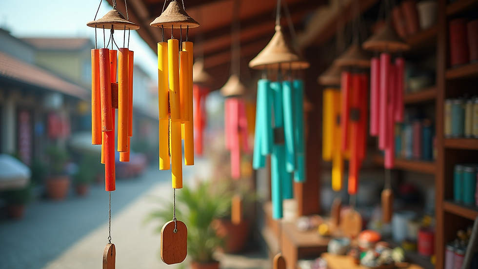 High angle view of colorful wind chimes displayed in a shop
