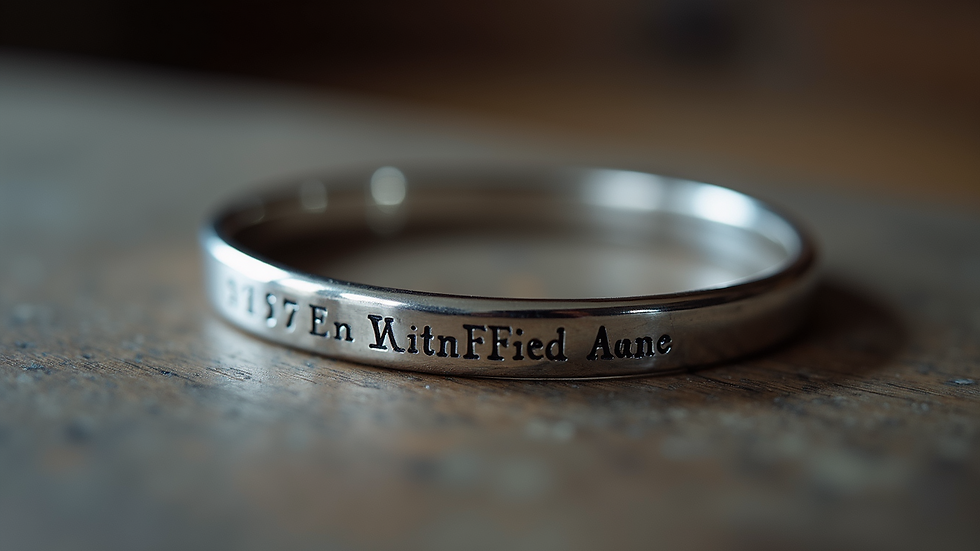 Close-up view of an engraved silver bracelet with initials