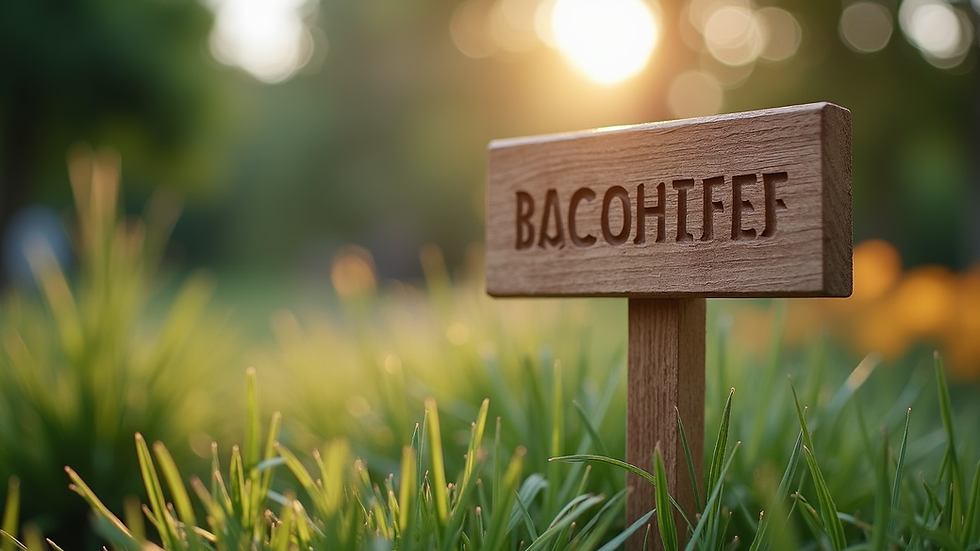 Eye-level view of a handcrafted wooden garden marker with engraved text