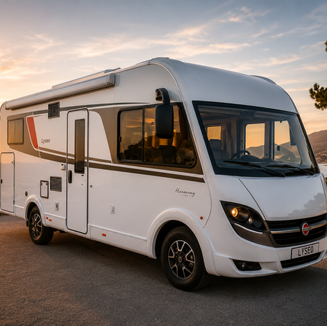 Autocaravana branca estacionada ao pôr do sol.