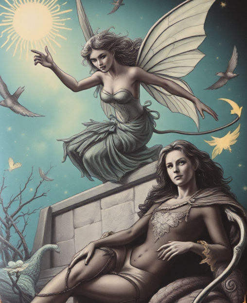 Fantasy scene with a fairy pointing, wearing a green dress and wings, perched on a ledge beside a thoughtful woman. Birds and sun in the sky.