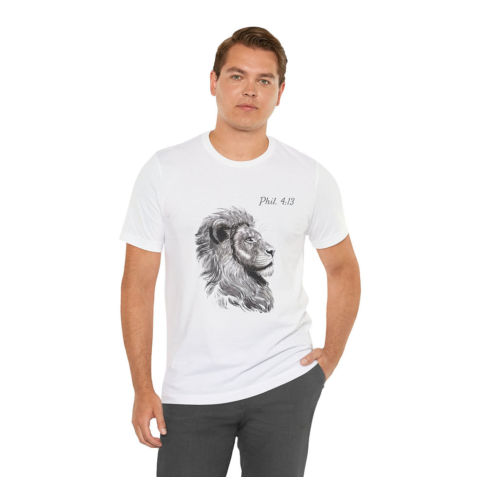 Thumbnail: Designed Scripture Tee with Lion & back quote: Phil. 4:13 