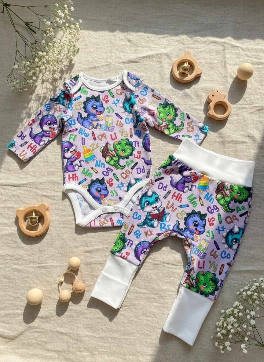Thumbnail: Smart dino print baby set with long sleeve top and pants displayed as a flat lay