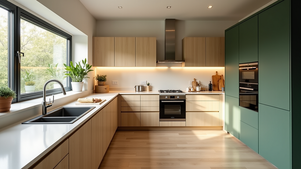 Eye-level view of modern kitchen with energy-efficient appliances and LED lighting