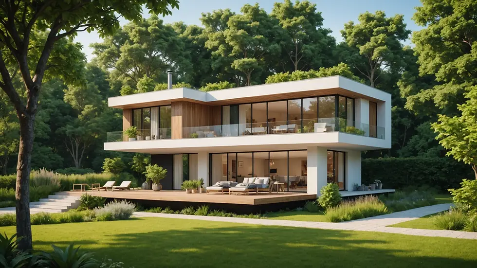 Eye-level view of a modern eco-friendly home surrounded by greenery