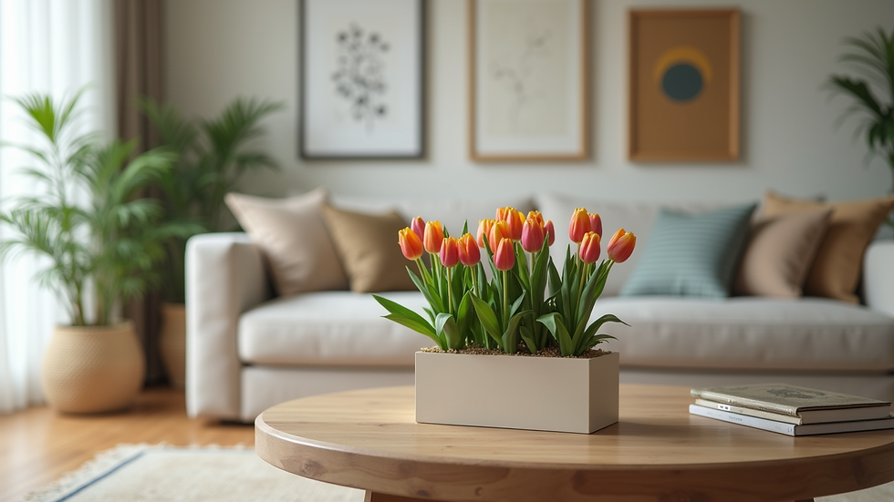 Eye-level view of a living room with sustainable decor and a Tulip Box on the coffee table