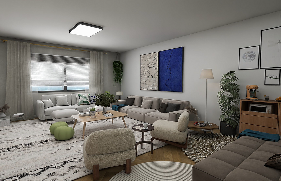 High angle view of a cozy living room with sustainable decor and natural light