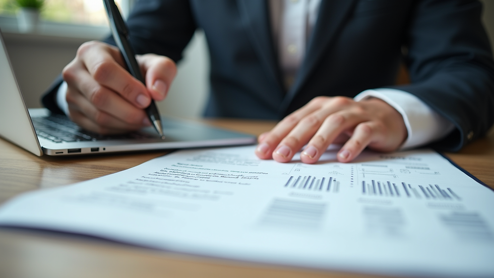 Close-up view of a person writing notes on a business plan with a laptop nearby