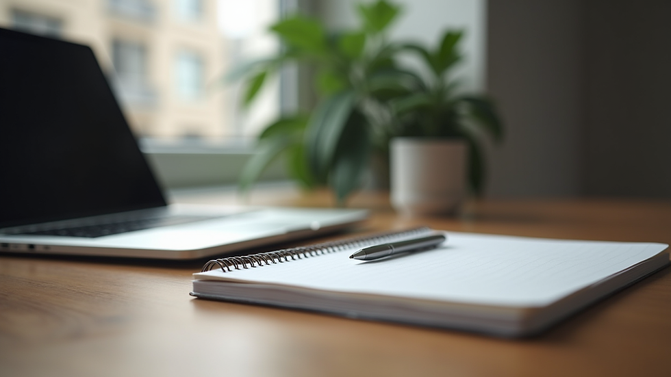 Eye-level view of a laptop and notebook on a wooden desk