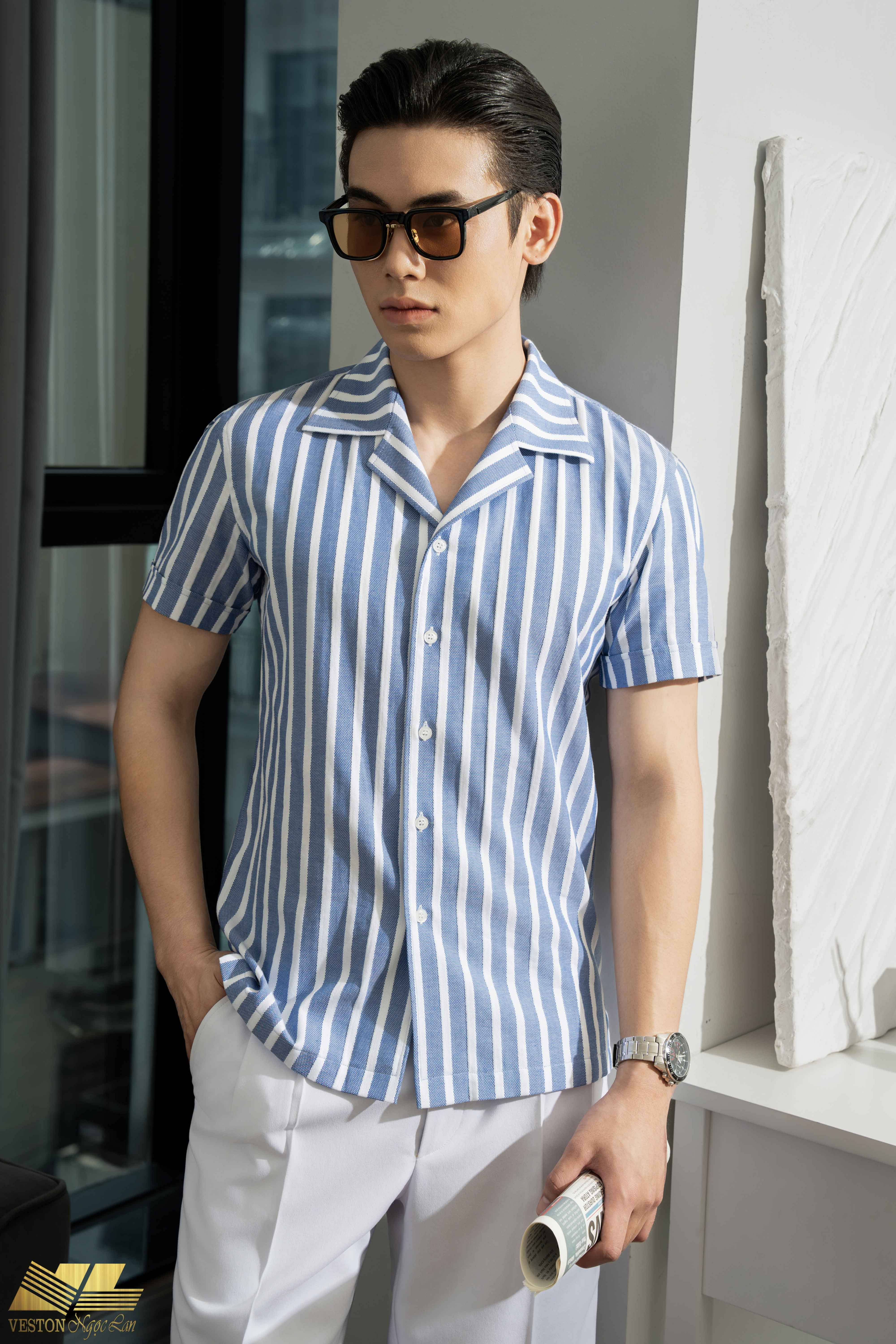 Sơ Mi Cổ Cuba Sọc Trắng