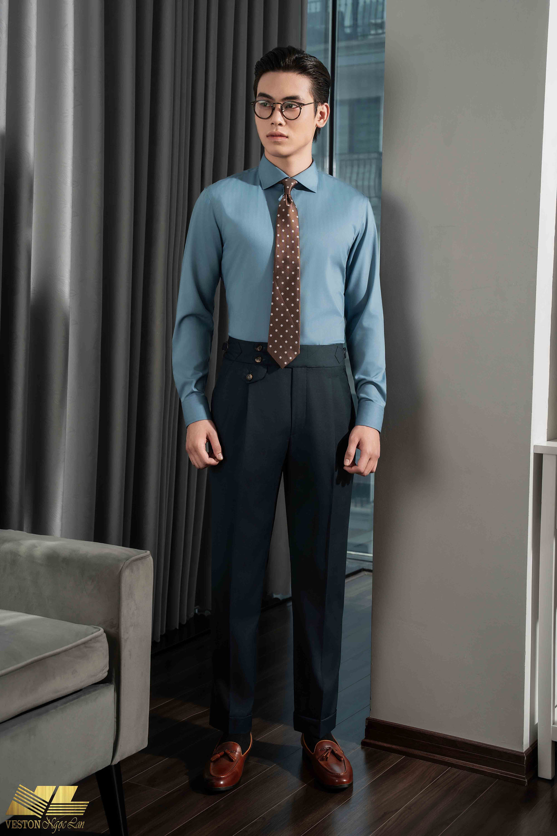 Tailored trousers and tailored shirt in turquoise color made by Ngoc Lan Veston, youthful, unique and elegant 