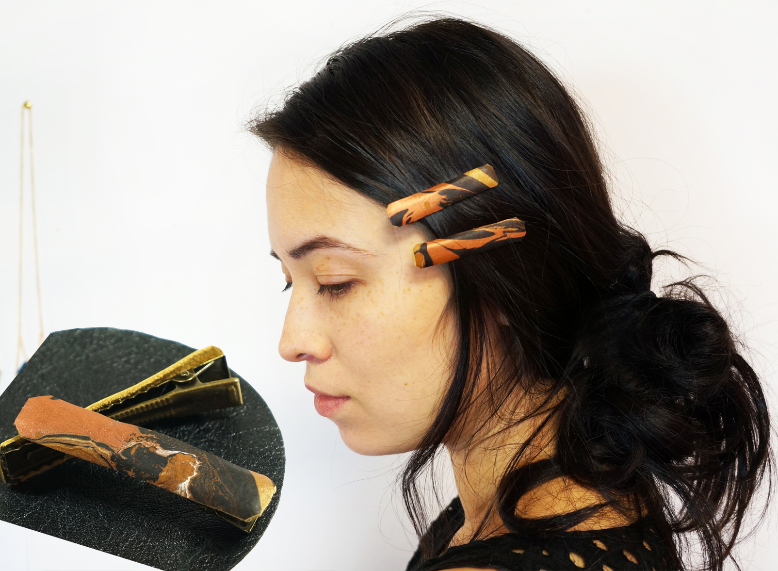Marbled leather Hair Barrette Clip