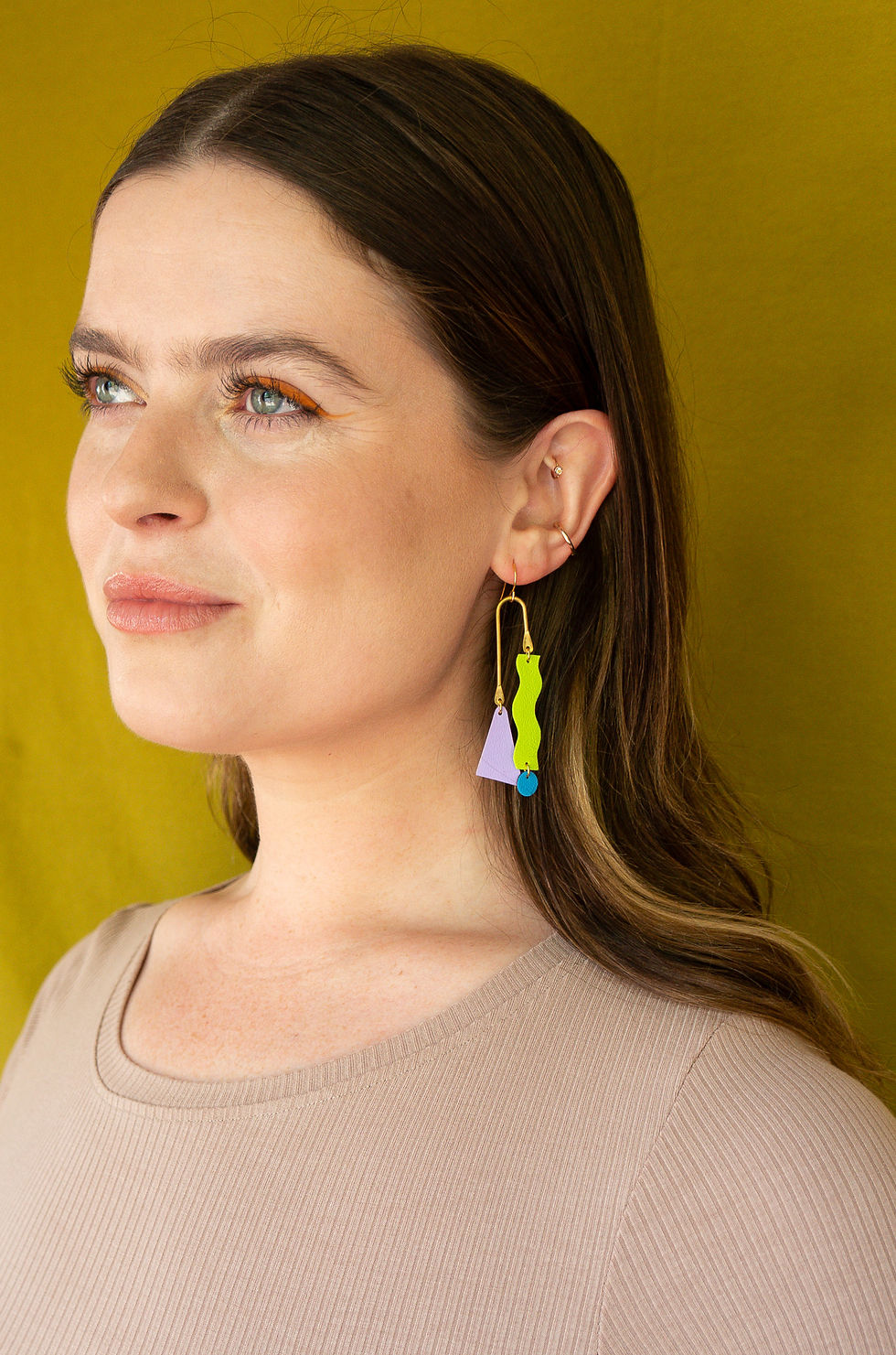 Thumbnail: Asymmetrical Squiggle Mobile Earrings - Acid Green + Purple
