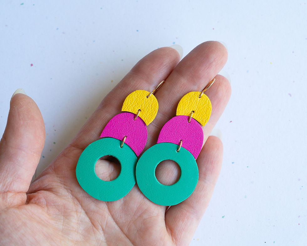 Thumbnail: Major Double Scoop Donut Earrings in Fuchsia / Teal / Mustard