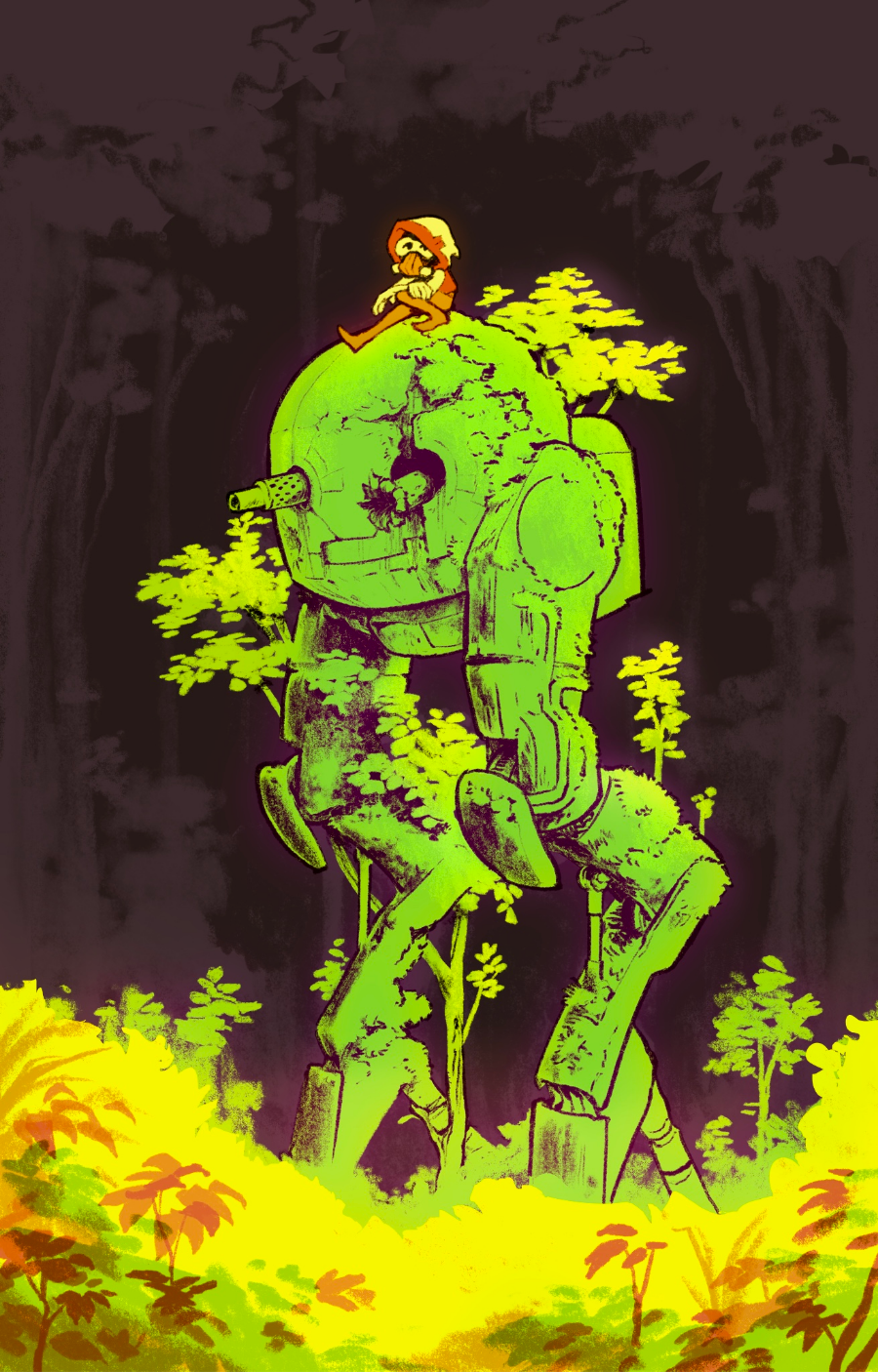 a hooded, masked figure sits on top of a bipedal battle mech, long defunct and overgrown with moss and lush greenery