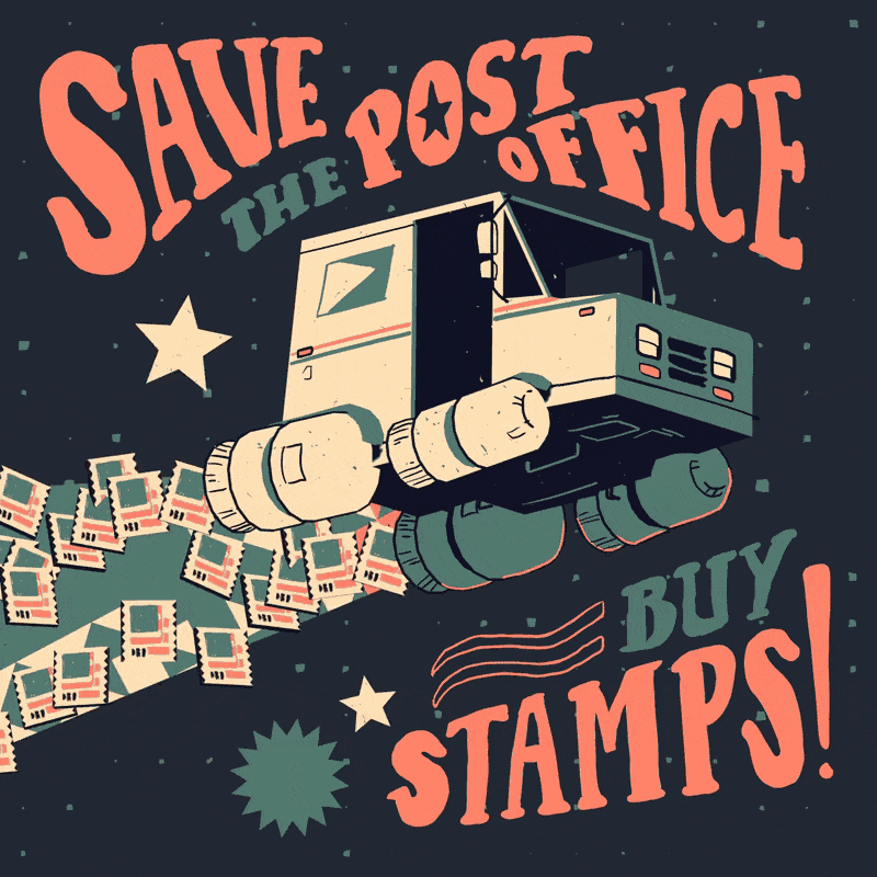 a grumman LLV mail truck, retrofitted with rockets, blasting stamps across a starry sky with a faded americana palette. groovy typography reads "save the post office, buy stamps!"