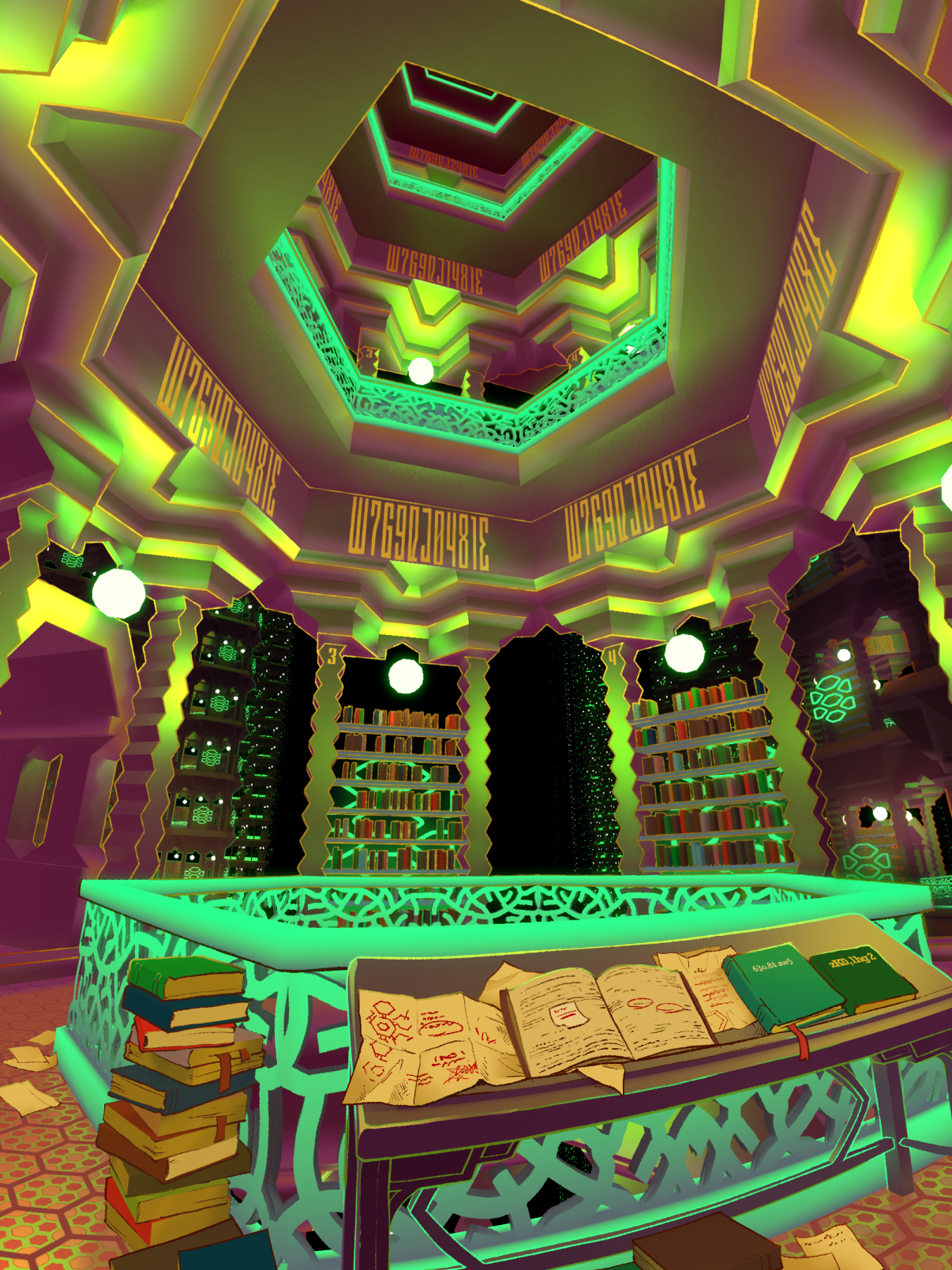 my rendition of the Library of Babel by Jorge Luis Borges.
a harshly lit, hexagonal library gallery is littered with books, papers, and writings of a madman not pictured. in all directions, identical galleries stretch out into the void and can be seen through the hazardous gaps in the irrational architecture.