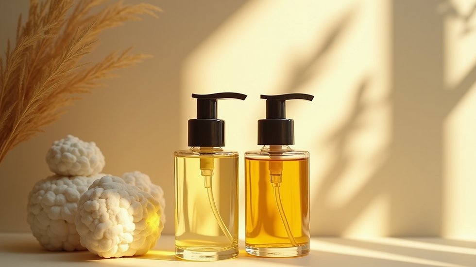 Eye-level view of organic body oils in glass bottles