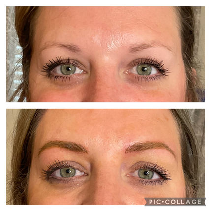 A before and after picture of beautiful semi-permanent makeup (PMU) brows with microblading, brow shading and combo brow techniques. The after picture is amazing and breathtaking!