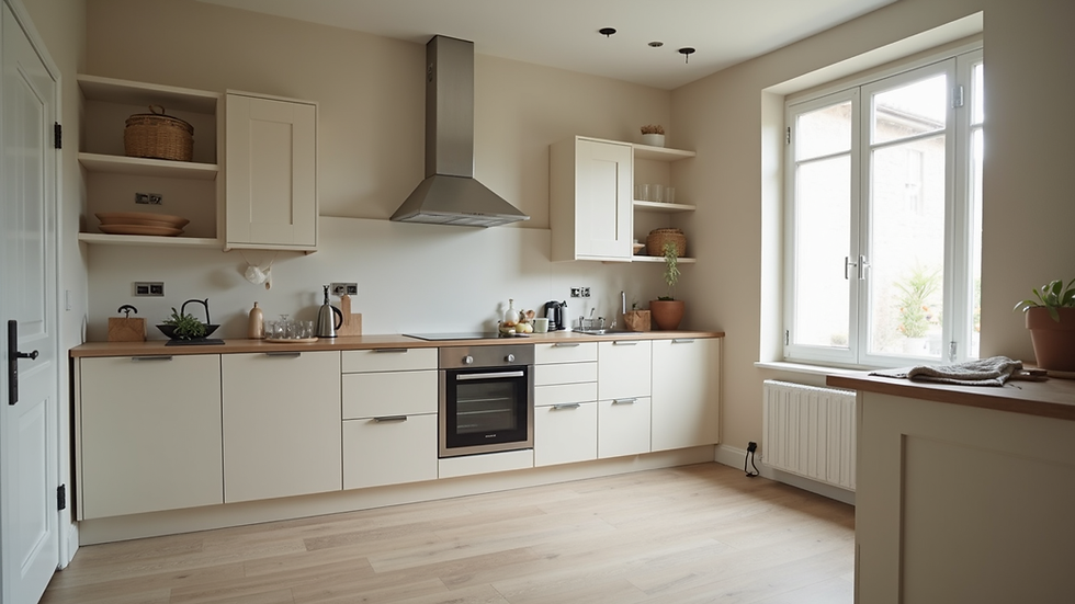 Eye-level view of a modern kitchen under renovation with new cabinets and countertops