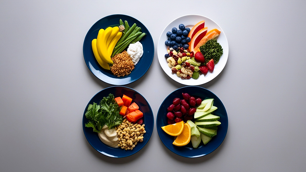 Vier unterschiedliche Teller, jeweils gefüllt mit verschiedenen Gemüsesorten – von bunten Paprika und Karotten über grünes Blattgemüse bis hin zu Zucchini und Tomaten – dekorativ nebeneinander angerichtet.