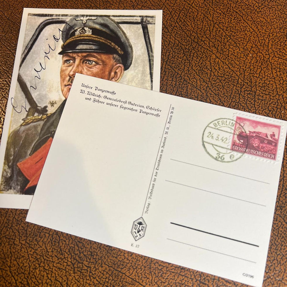 Autographed postcard with Heinz Guderian with canceled stamp with Panzer. Cancel from Berlin 1942