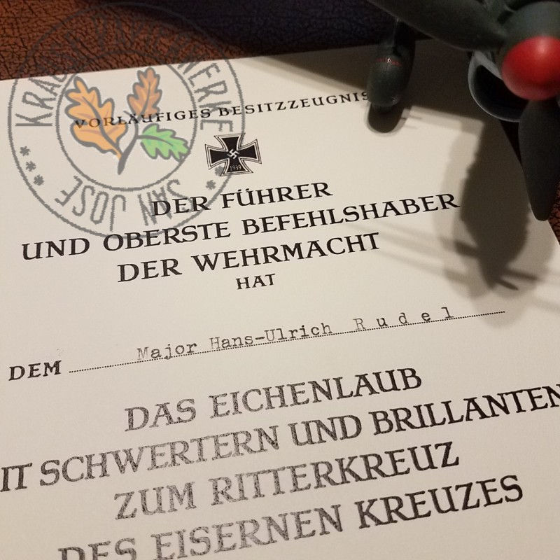 Thumbnail: Preliminary award certificate for Knight's Cross with Oak-leaves, Swords and Diamonds for Hans-Ulrich Rudel
