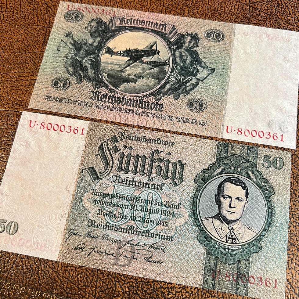 Thumbnail: Third Reich Reichsmark banknotes, 1945 issue. 50RM - Hermann Goering and Luftwaffe fighters.