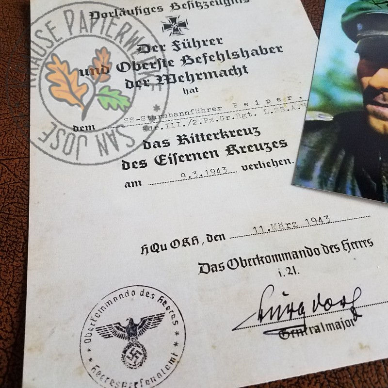 Thumbnail: Peiper - Aged Knight's Cross Certificate + Photo