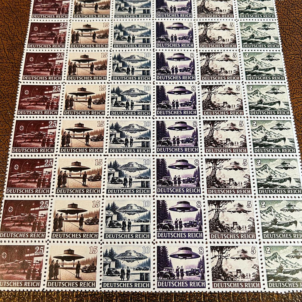 Series of 6 postage stamps showing Haunebu II (Nazi flying saucer) and a Nazi X-Wing.