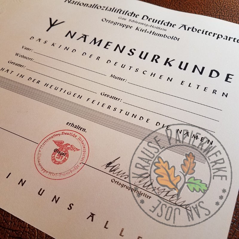 Baby-naming certificate issued by NSDAP Ortsgruppenleiter in Kiel (Namensurkunde)