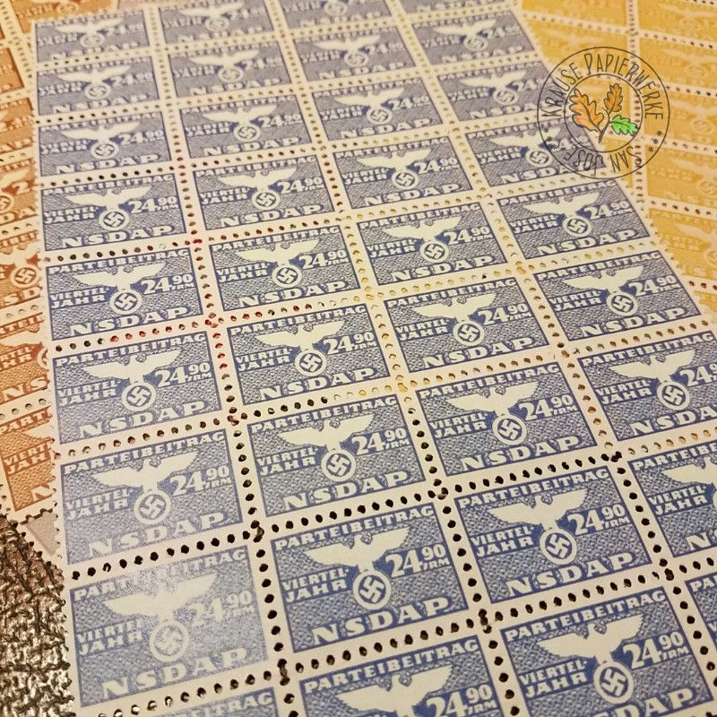 Thumbnail: NSDAP Membership Dues stamps, 1939 final issue - quarterly (NSDAP Parteibeitrag, Viertel-Jahr) - RM 24,90